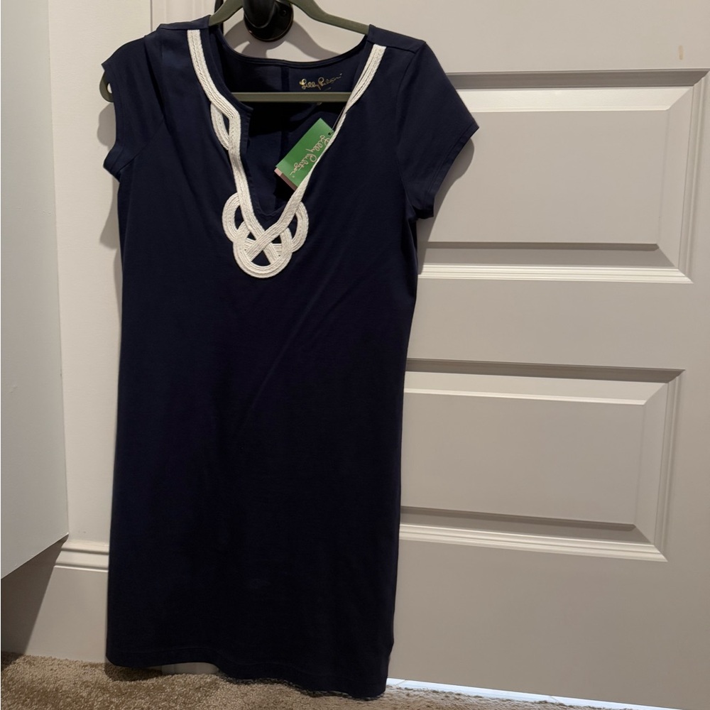 Navy Blue Dress with White Trim